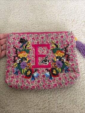 Anthropologie Pink Embroidered Floral Initial 'E' Wristlet